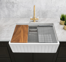 Load image into Gallery viewer, Dorchester - Fluted Farmhouse Sink with Chopping Board, Grid, Grill, Colander & Waste - 762mm