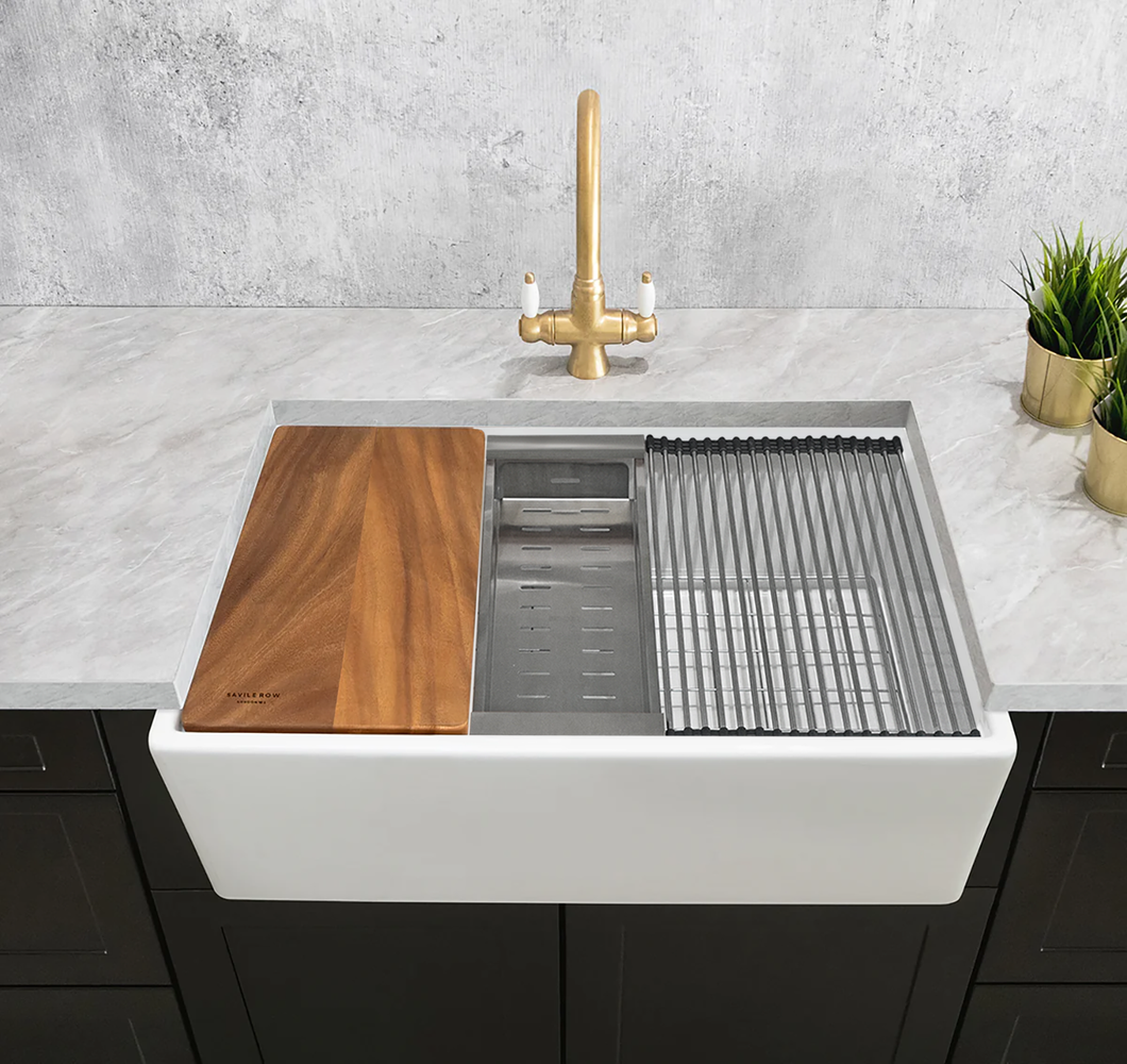 Dorchester - Farmhouse Sink with Chopping Board, Grid, Grill, Colander & Waste - 762mm